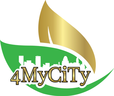 Green leaf logo with city silhouette.